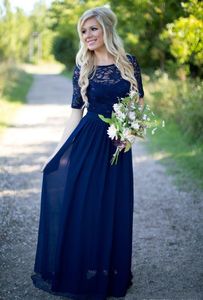 Country Bridesmaid Dresses Hot Long For Weddings Navy Blue Chiffon Short Sleeves Illusion Lace Beads Floor Length Maid Honor Gowns HY343