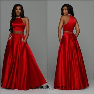 Discout Red Two piece Prom Dresses Halter neck with Pockets Beaded Crystals Long A line Satin Celebrity Evening Formal Gowns Cheap ED1255