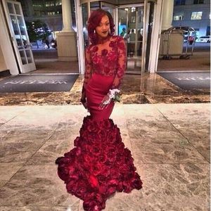 Burgundy Hand Made Flowers Mermaid Evening Dresses Formal 2019 High Neck Illusion Long Sleeve Lace Applique Black Girls Prom Dress Party