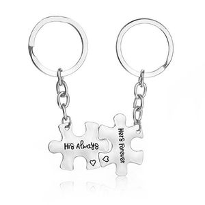Engraved Letter" His Always Her Forever" Puzzle Charm Key Chains for Couple Jewelry Handbags Chain Promise Love Key-Rings 2 pcs