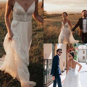 Vintage Boho Linia Suknie ślubne Sexy Spaghetti Aplikacje Wedidng Dress Lace Backless Bride Suknie Szaty De Mariée