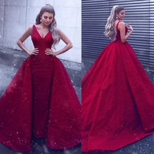 Sequined Red Shiny Prom Dresses Mermaid With Detachable Train V Neck Evening Gowns Custom Formal Party Dress robes de soirée