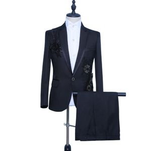 Zwarte Blazer Heren Applique Suit Set met Broek Mens Bruiloft Suits Laatste Jas Pant Designs Singer Stage Kleding Formele Jurk