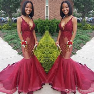 Bury Mermaid Sexy Prom Dresses Long See Through Tills Spaghetti Straps Ruffles Sweep Train Evening Clows Applices Formal Dress