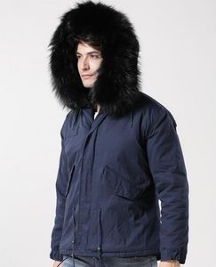 Vendita calda marca Meifeng fodera in pelliccia di coniglio nera lungo mini parka blu navy con finiture in pelliccia di procione nera giacche da neve da uomo oversize