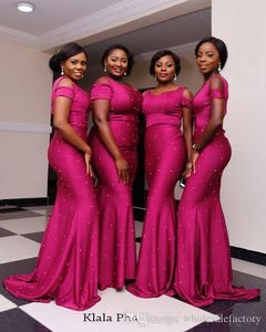 Fuchsia Nigerian African Long Bridesmaid Dresses Spaghetti Straps Satin Beaded Wedding Guest Party Maid of Honor Dresses formal dress