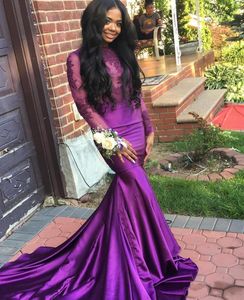 African Purple Mermaid Prom Dresses Long Sheer Long Sleeves Satin Lace Applique Evening Gowns Floor Length Formal Dress vestido de festa