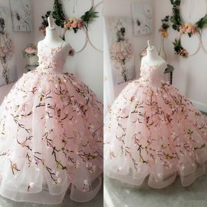 Pink Flower Lovely Girl for Weddings Ball Gown Kids Evening Gowns Spaghetti Neck First Communion Dresses s