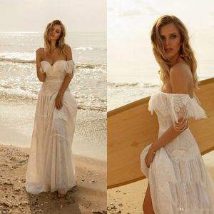 Bohemian 2020 Full Lace Bröllopsklänningar från axeln Ruffles A Line Bridal Gown Boho Bröllopsklänning Robes de Mariée