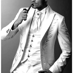Embroidery Groom Tuxedos White Groomsmen Mens Wedding Dress Peak Lapel Man Jacket Blazer Fashion 3 Piece Suit(Jacket+Pants+Vest+Tie) 1511