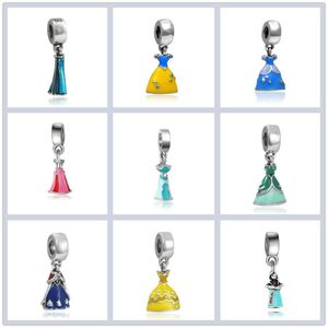 Princess Enamel Dress Pendant Silver Plated Girl Skirt Cinderella Alloy Charm Beads Dangle European DIY Jewelry Accessories