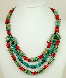 3 strands Green & Blue Turquoise & Red Coral Silver Toggle Necklace 18.5"