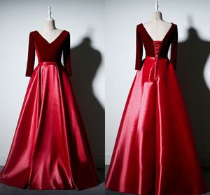 Burgundia Velvet V-Neck Prom Dresses Long Z Długim Rękawem Imperium Talii Suknie Wieczór Nosić Sash Formalne Dresses Kobiety Party Specjalna okazja