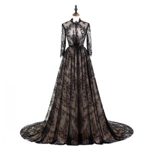 2019 Black Lace Prom Dresses Long Sleeves Illusion Elegant Girls Pageant Dresses With Lining Zipper Back Sweep Train Formal Evening Gowns