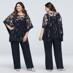 Ternos de calça azul marinho plus size para mãe da noiva com vestido de casamento de lantejoulas envolvente Vestido de noiva de chiffon de três peças