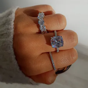 925 Ayar Gümüş Oluşturulan Moissanite Parmak Yüzük Seti Ebedi Düğün Nişan Topaz Taş Yüzükler Kadınlar Takı için