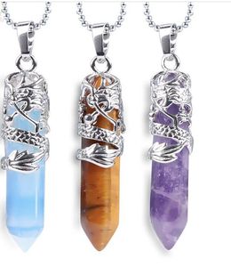 Tribal Totem Dragon Shaped Natural Stone Pendant Necklace Hexagonal Reiki Bullet Crystal Column Necklace WY1247