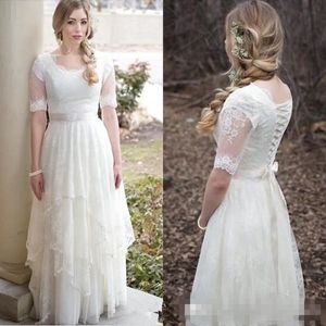 Abiti da sposa vintage in pizzo con maniche Abiti da sposa da giardino bohémien in stile country modesto Pizzo Tulle Scoop Neck Illusion