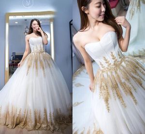 Gold Lace Pearls Ball Gown Wedding Dresses Strapless Backless Draped Country Wedding Dress Bridal Gowns Party Vestidos De Novia Plus Size