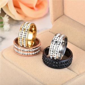 Two -linhas do cluster de anel de diamante em aço inoxidável faixa de aço anéis de noivado Mulheres masculinas jóias de moda de ouro e arenoso