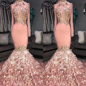 Elegant Pink Prom Dresses D Floral Appliqued Long Sleeves Mermaid Evening Gowns Girls Court Train Plus Size African Formal Party Wear