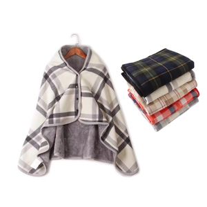 Fashion Plaid flannel+polar fleece blanket Warm lazy shaw shawl blanket With button Home Office legs knee knitting towel poncho