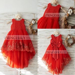 Wholesale red part dresses resale online - Newest Red Ball Gown Flower Girl Dress Jewel Neck Sleeveless Applique Wedding Dress Hi Lo Girl s Birthday Part
