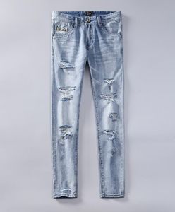 Herren-Biker-Jeans, neues Distressed-Loch-Design, schmale Passform, Bleistifthose, lange Hose, High-Street-Jeans