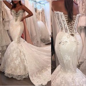 New Mermaid Dresses Lace Appliques Sweetheart Chapel Train Sleeveless Crystal Corset Back Wedding Dress Formal Bridal Gowns 403