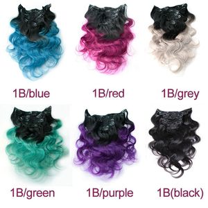 Best Quality Brazilian Virgin Clip In 9A Grade Body Wave Ombre Color Silver Grey Red Green Blue Purple Double Drawn Clip In Hair Extensions 100g