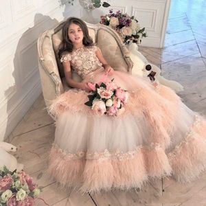 Luxury Pink Princess Girls Pageant Dresses Ball Gown Fur Tiered Tulle Long Kids Formal Gowns Birthday Prom Dress