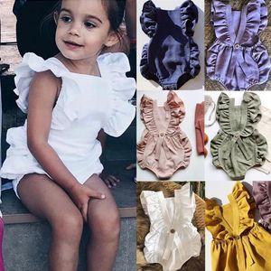 Bebés Meninas Romper Sólidos infantil Meninas Rompers algodão linho recém-nascidos macacões sem mangas roupa da criança Baby Boutique Roupa 4pcs DW4196