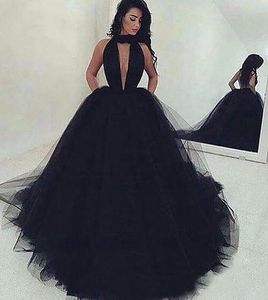 NEW Ruched Deep V Neck Sweep Train Evening Prom Gowns Arabic Sexy Backless Ball Gown Black Tulle Prom Dresses Long Custom Made Simple