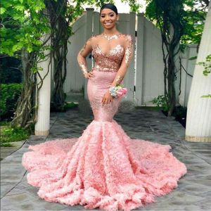 2K19 Pink Mermaid Prom Dresses Sheer Top With Appliques Evening Gowns Illusion Long Sleeves Tulle Ruched Sweep Train Formal Party Dress