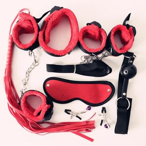 7-teiliges Nylon-Plüsch-Erotik-Sexspielzeug für Erwachsene, Sex-Handschellen, Peitsche, Mundknebel, Sexmaske, Bdsm-Bondage-Set