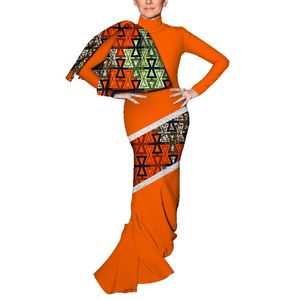 الكلاسيكية الأفريقية طباعة المرقعة اللباس مع bowknot المرأة سيدة الأفريقية بازان الثراء طويل الأكمام الطابق طول حزب اللباس WY3867