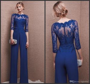 Novo Royal Azul Plus Size Mãe da Noiva Pant Terno 3/4 Lace Manga Mãe Jumpsuit Chiffon Cocktail Party Vestidos de noite feito sob encomenda Feito 481