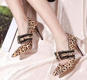 [Box Original] Chegada Nova Womens High Heel 9cm Bombas Horsehair Pointed Wedding Toe vestido do leopardo calça o tamanho 35-41