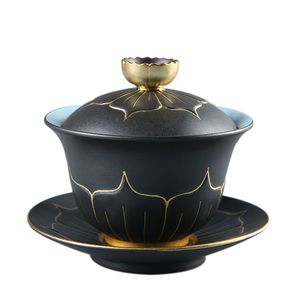 El boyaması Lotus Seramikleri Gaiwan Porselen Çay Farları Yaratıcı Kung Fu Çay Seti Tureen Çay Kasesi