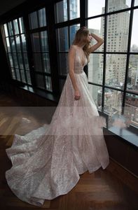 Glamorous 2019 Berta Wedding Dress Sexy Plunging V Neck A-line Backless Shiny Glitters Fabic Latest Bridal Gowns Custom Made 473