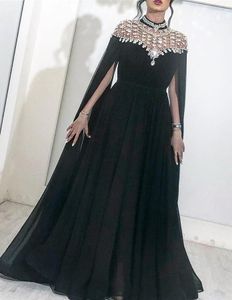 Black Muslim Evening Dresses 2019 High Neck Caped Crystals Chiffon Dubai Kftan Saudi Arabic Formal Evening Gown Long Prom Dress