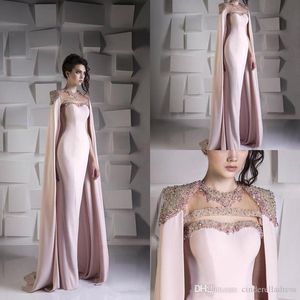 Sexy Amazing Mermaid Evening Dresses With Cape Bead Crystal Sequined Jewel Satin Formal Prom Dress Arabic Dubai Wrap Gowns Vestidos