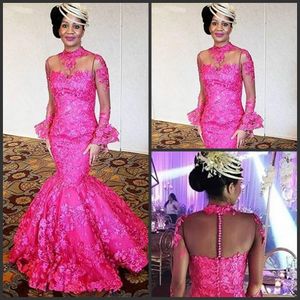 New Fuchsia Mermaid Evening Dresses High Neck Sheer Långärmad Klänning Formell Klänning Pagant Prom Party Gown Anpassad Vestidos Robe