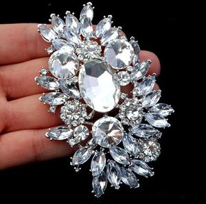 2019 Nova Moda 3.6 Polegada Grande Qualidade Topo Top Flor Broche Tom de Prata Luxo Enorme Cristal Rhinestone Bouquet de Casamento Broches