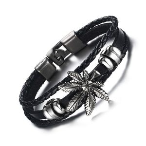 Handmade Leather Bracelets Leaf Charms Wristband Braid Bead Bracelet Fashion Man Jewelry New Design Mens Vintage Punk Bangle Black Brown