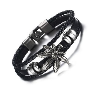 Handgefertigte Lederarmbänder, Blatt-Charms, Armband, Geflecht, Perlenarmband, modischer Herrenschmuck, neues Design, Herren-Vintage-Punk-Armband, Schwarz, Braun