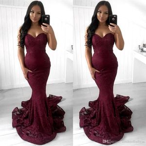 Sexy Simple Full Lace Burgundy Mermaid Evening Dresses Cascading Ruffles Sweetheart Open Back Formal Dress Prom Gowns vestidos robe