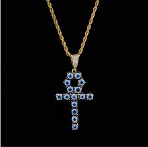 Blue Color Egyptian Ankh Key of Life Necklace 18K Gold Plated Copper Cross Pendant Cubic Zirconia Hip Hop Jewelry