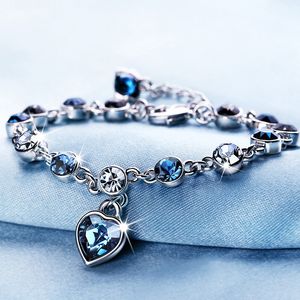 Pulseira de cristal austríaca cheia de diamantes, coração, pedra de nascimento, pulseiras de cristal para mulheres, meninas, joias da moda