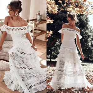 Kleid Böhmen Strand Off Schulter Tiered Spitze Vestido De Noiva Elegante Boho Durchsichtig Cap Sleeve Brautkleider